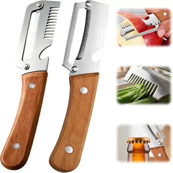 2-in-1 Vegetable & Fruit Peeler & Bottle Opener,Stainless Steel Kitchen Tool with Wooden Handle,	Multi-Functional Durable Kitchen Tool, for Apple Potato Pumpkin Papaya Carrot Zucchini, Easy Peeling,Shred Cutter