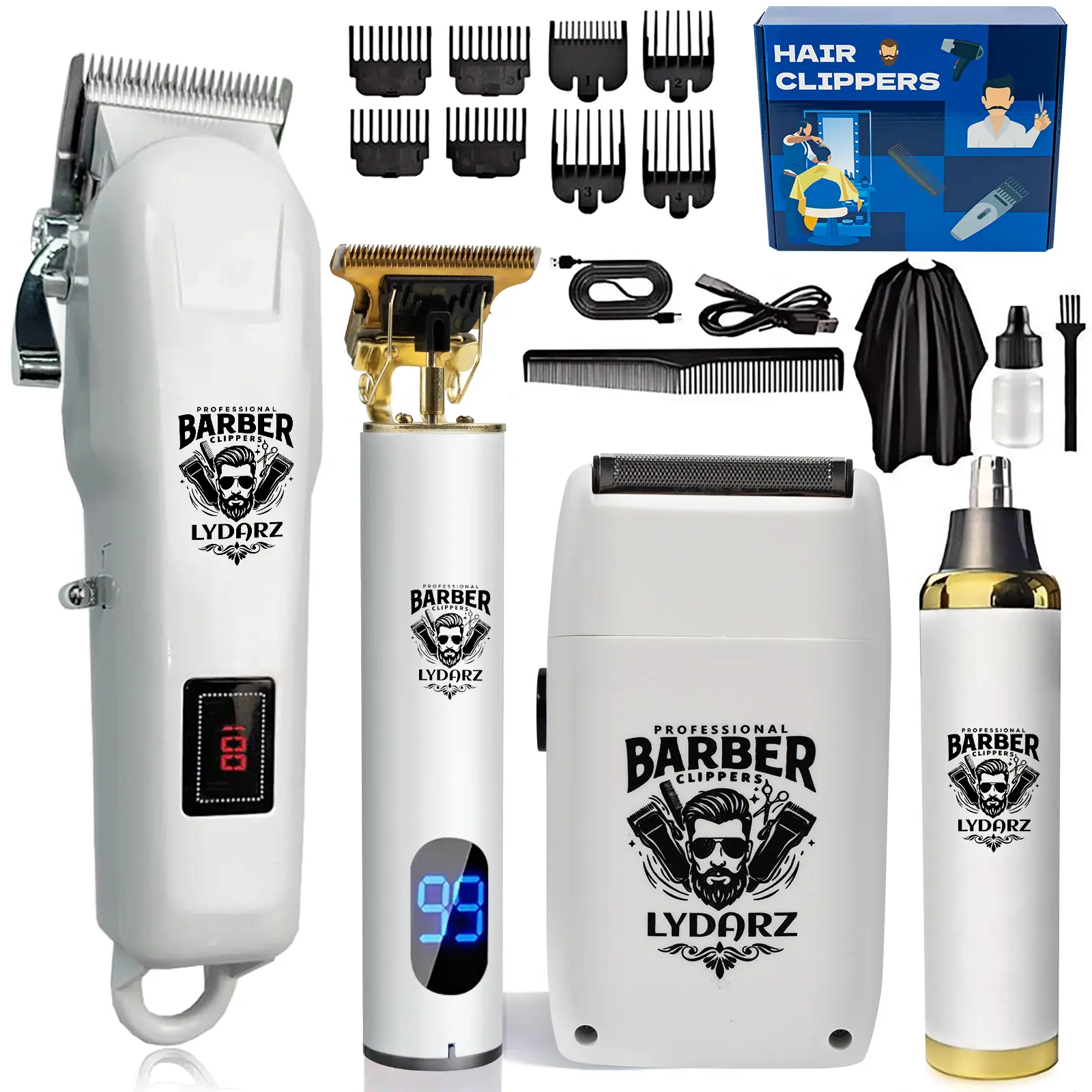 LYDARZ Professional Hair Clippers,-3 in 1 Cordless Hair Trimmer Set, 8Guide Combs, Rechargeable Grooming Kit with LED Display, Low Noise for Barbers & Home Use