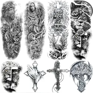 Christian Cross Temporary Tattoo Sleeves for Men, 4-Sheet Full Arm Large Religious Jesus God Fake Tattoo Sleeve Adult Women and 4-Sheet Pray Cross Lion Skull Half Temp Tatoo Sticker Leg Body Art
