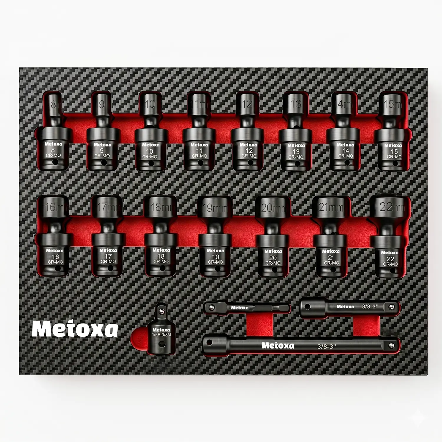 METOXA 19-Piece 3/8"-Drive Chromium-Molybdenum Steel Impact Swivel Socket Wrench Set, Professional Flex Socket Wrench & Impact Tools for Auto Repair, Garage Work