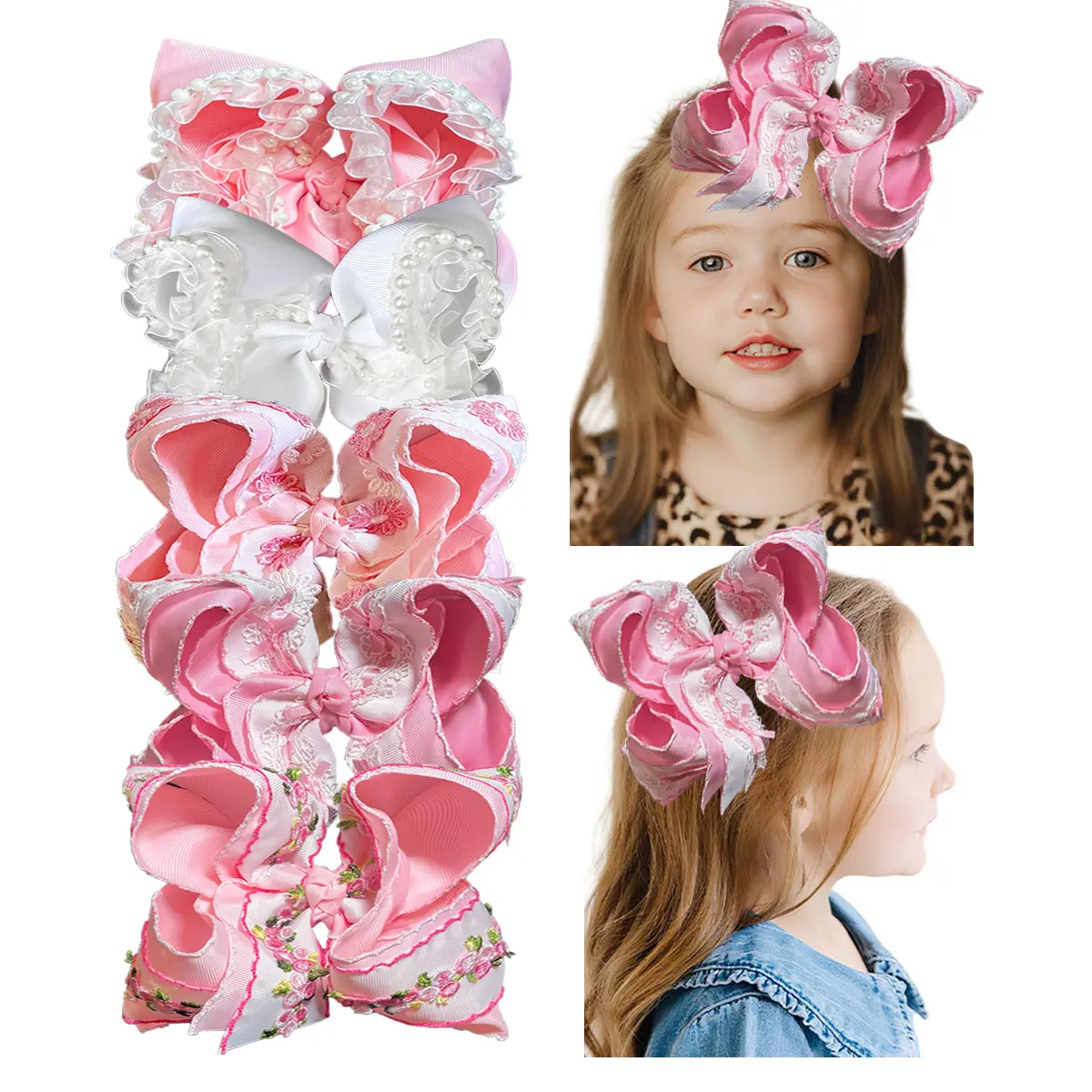 JoyBowie Large Boutique Bow Hair Clips for Girls, Ribbon Hair Bows with Pearl & Lace Trim, Alligator Hair Accessories for School, Parties & Everyday Wear