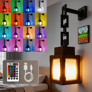 [Room Aesthetic]Pixelated Lantern Night Light - USB Rechargeable Night Lamp - 16-Colors LED Mood Light Touch Switch & Remote Control - Wall or Table Mounting Lights, Ideal for Room, Game Room Decor, Gifts for Boys Colorful Backlight Adjustable