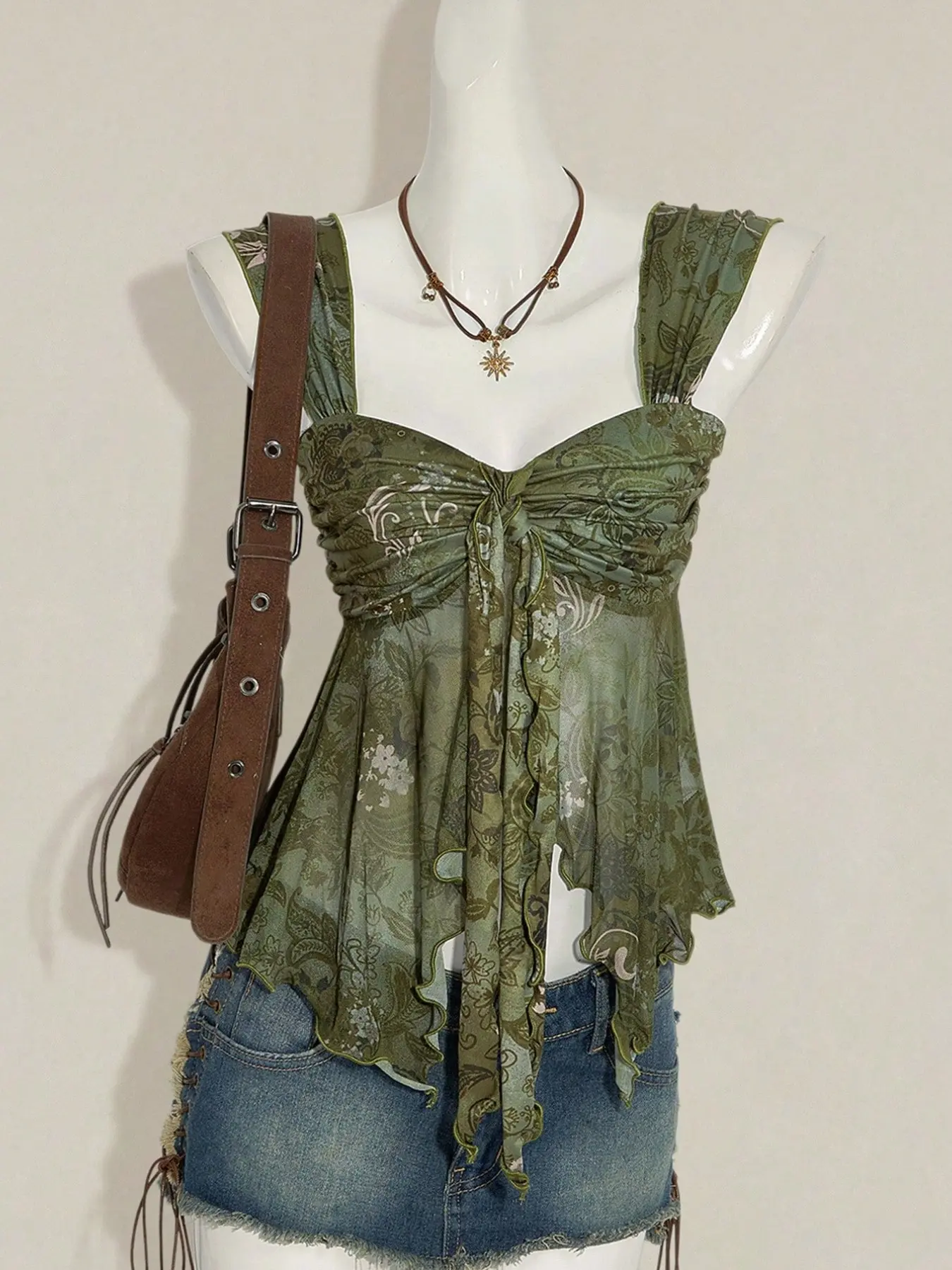 Y2K Floral Mesh Ruffle Cami Top, Sweetheart Neck Asymmetric Hem, Sheer Tank Top, Fairy Grunge Bohemian Aesthetic, Women's Fashion, Fit