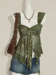 Y2K Floral Mesh Ruffle Cami Top, Sweetheart Neck Asymmetric Hem, Sheer Tank Top, Fairy Grunge Bohemian Aesthetic, Women's Fashion