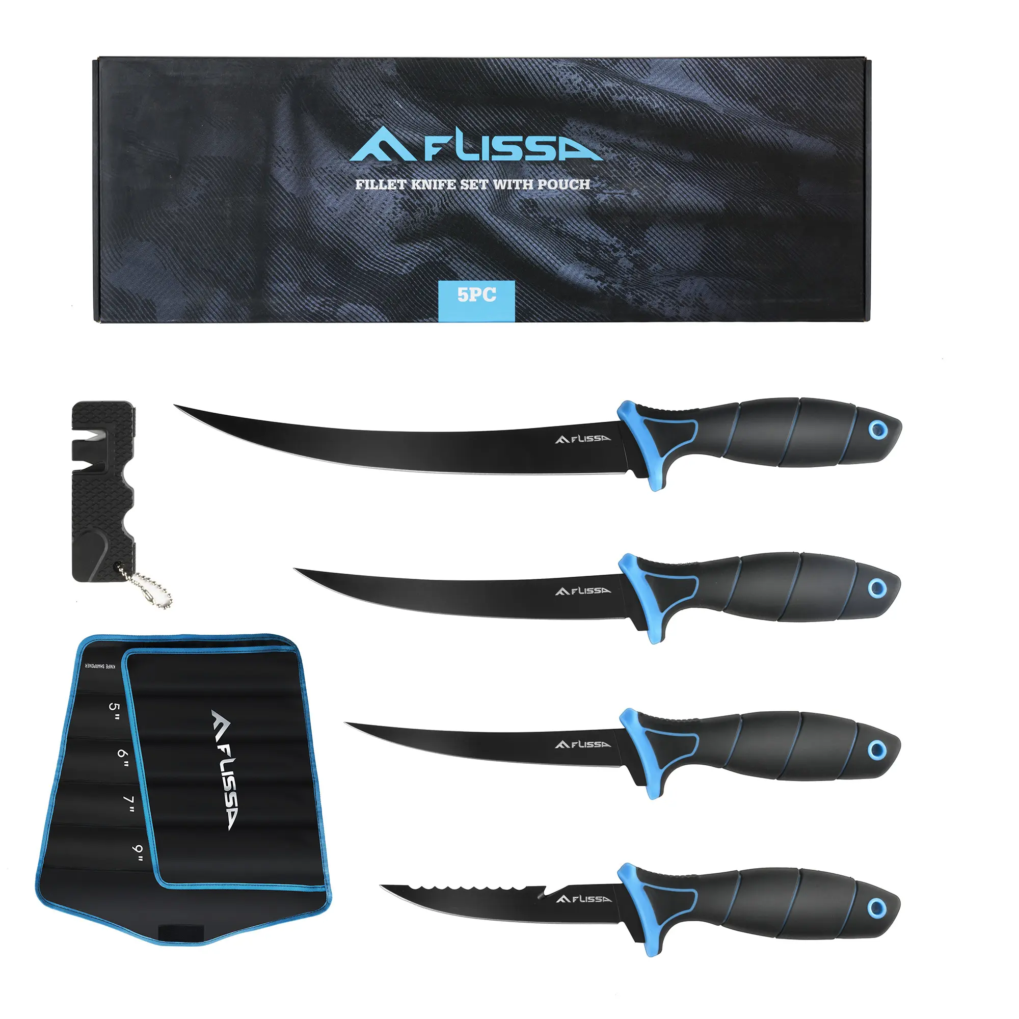 #fathersdaygift FLISSA Fillet Knife Set, Boning Knife & Bait Knives with Sharpener, Protective Sheath, Belt Clip, Non-Slip Handle, Portable Pouch & Corrosion Resistant Coating Blade, for Fresh or Saltwater (4-Pack)