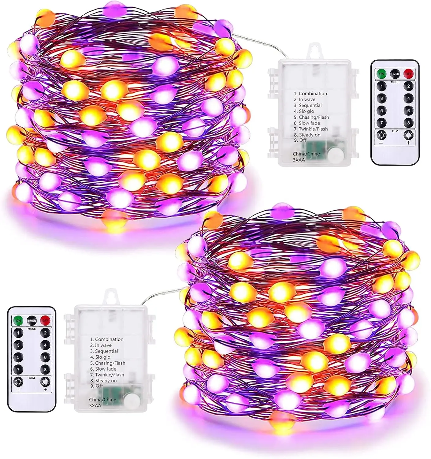 BrizLabs Purple & Orange Halloween Lights, 2 Pack 17.48ft 50 LED Halloween String Lights with Remote, 8 Modes Battery Purple & Orange Fairy Light Waterproof Twinkle Light for Outdoor Haunted Decor