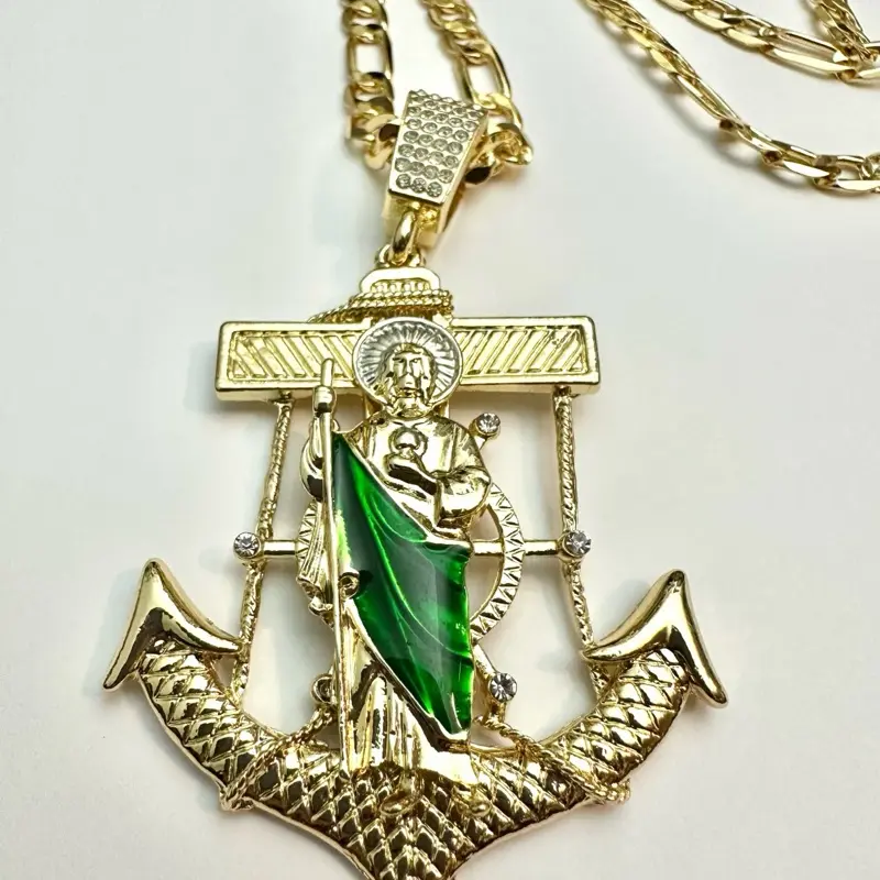 San Judas Tadeo Is My Anchor necklace-24” Figaro chain Gold Plated Necklace Jewelry Christian Jewelry