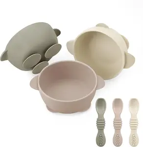 3 Pack Silicone Suction Baby Bowls & 3 Baby Feeding Spoons | Non-Slip Stay Put Bowls & Soft Silicone First Stage Spoons for Toddlers, BPA-Free Baby Led Weaning Set (Linen Brown Tan)