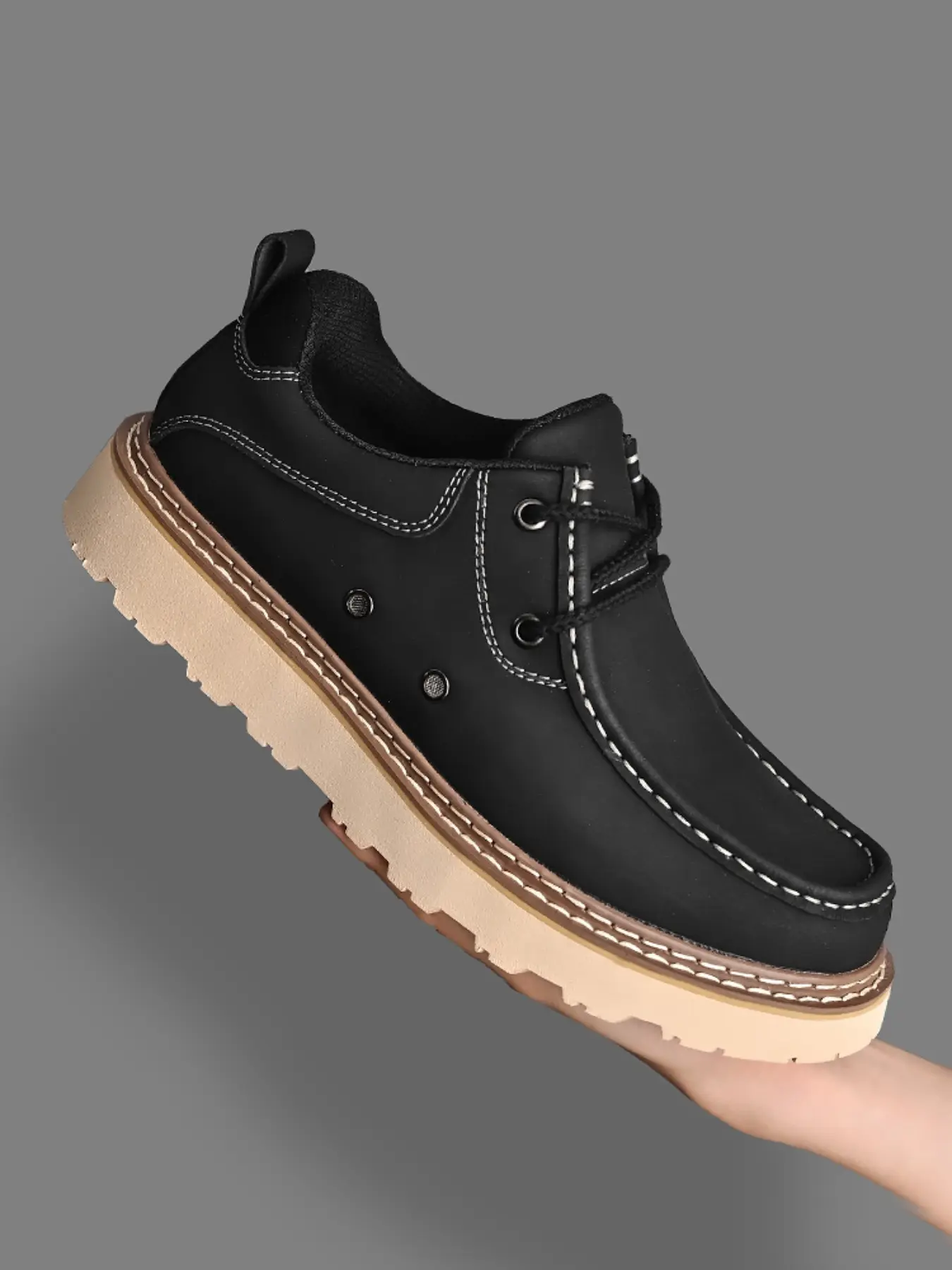 Men's Handmade Low Top Casual Thick Soled Leather Shoes, Footwear, Vintage Soft PU Anti-Slip Wear-Resistant Thick Rubber Sole Comfortable Inner Lining, Ideal for Daily Use, Walking Shoes