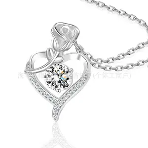 2PCS-Sterling Silver 1ct Mozzarella Diamond Rose Necklace Women's 12th Birthday Heart Pendant Clavicle Chain