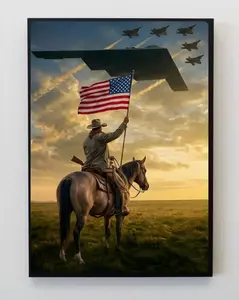 Cowboy B2 Poster, 4th of July Wall Art, Stealth Bomber Patriotic Poster, American Flag Vintage Military Decor, Independence Day Art Print