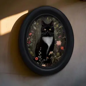 Gothic Cat Wall Art Painting, Handmade Acrylic Oval Frame, 5.9x7.8 Artistic Vintage Home Decor, Decorative, Perfect for Halloween Christmas Thanksgiving, Vintage Design, Decoration