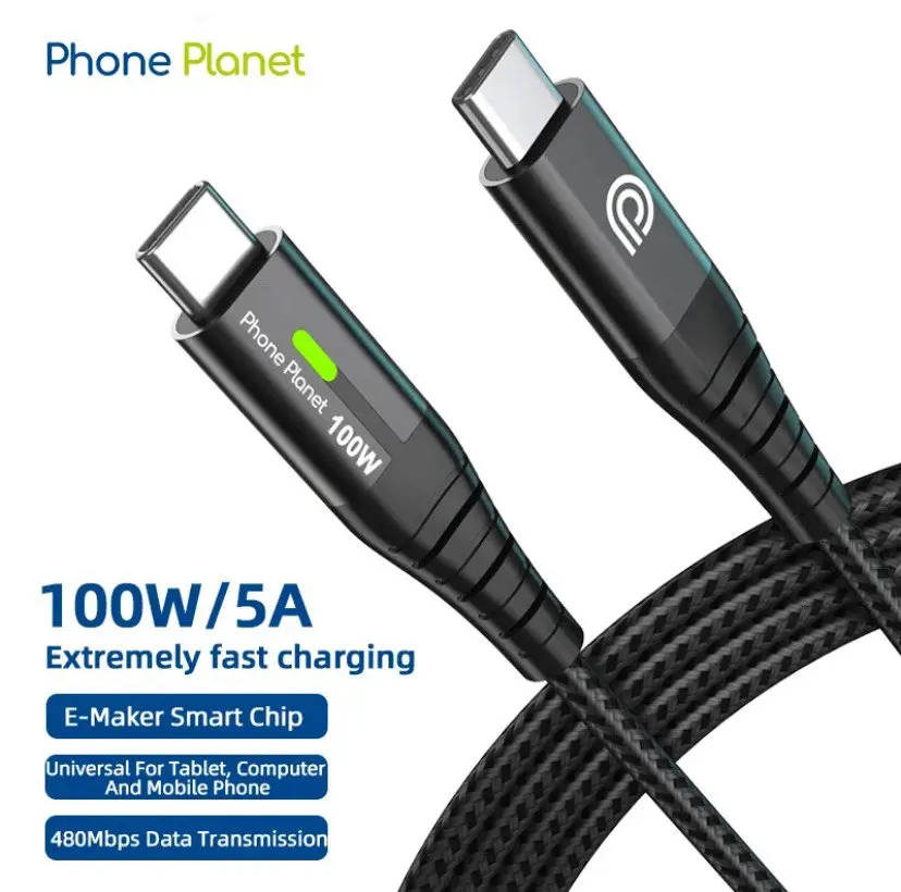 100w fast charging 7 feet long Type C cable charger for Cellphone with led light indicator and smart E chip
