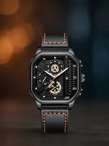 A men's black leather strap cool square calendar large dial student sports style quartz wristwatch Analog Quartz Watch