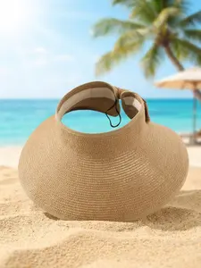 Summer New Korean Style Women's Hollow Top Large Brim Sun Hat, Foldable Lightweight Sweet Elegant Straw Hat, UV Protection