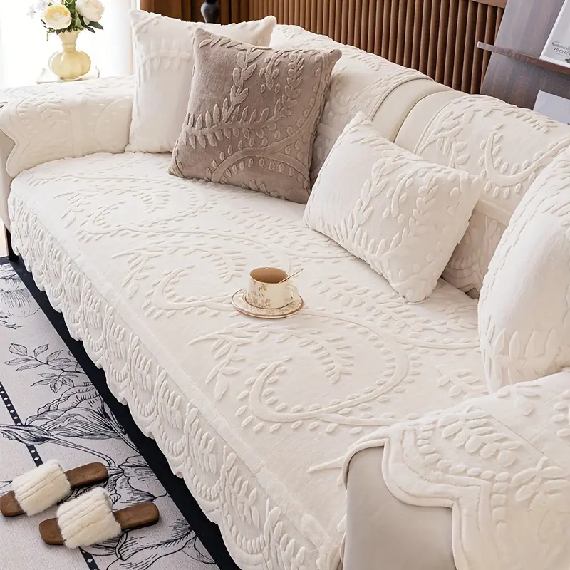 1pc Polyester Thick Faux Rabbit Fur Universal Couch Cover for Sofa - Elegant Beige, Floral & Leaf Patterns, Pet-Friendly, Non-Slip, Machine Washable, All-Seasons, Removable Cushions, Fits 1-4-Seater Sofas, Living Room Use, Sofa Cushion Cover, Universal So