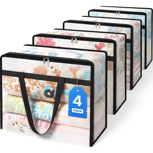 4 Pack Clear Clothes Storage Bags, Foldable Under Bed Storage Containers with Sturdy Zipper, Moving Organizer Tote for Clothing Comforter Bedding Blanket
