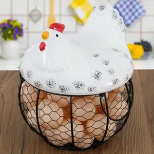 Farmhouse Style Cute Ceramic Chicken Egg Basket with Metal Wire and Lid, Decorative Multi-Functional Home Organization Kitchen Storage Box Organiser for Eggs Fruits Vegetables