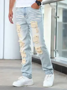 Men's Light Blue Denim Jeans Pockets Slim Fit Straight Leg Classic Streetwear Hip Hop Stylish Comfortable Casual Long Pants for All Seasons Trousers