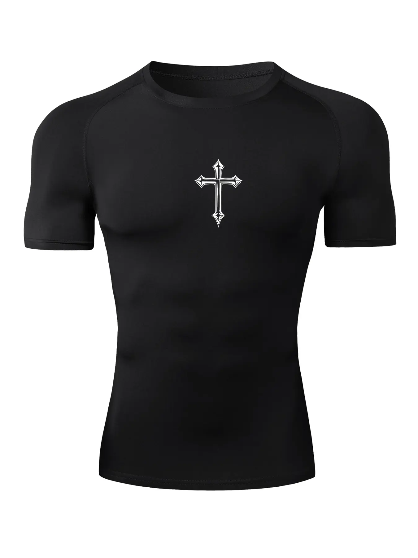 Men's Cross Print Short Sleeve Compression Shirt, Gym Workout Fitness Running Sports T-Shirt Tees, Summer Quick-Dry Breathable Round Neck Shirt, Tight Fit Sportswear Activewear, Athletic Compression Shirts, Gym Top, Fitness Apparel, Fitness Clothes