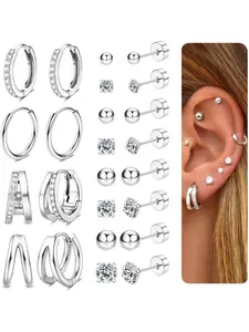 12 Pairs Flat Back Earrings for Women & Men, Hypoallergenic Stainless Steel, 14k Hoop Studs, All Seasons Casual Jewelry