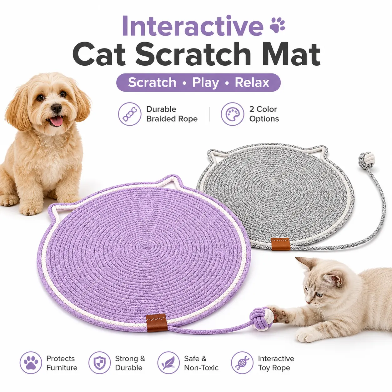 Cat Scratch Mat with Interactive Toy Rope, Round Cat Scratcher Rug for Indoor Cats and Kittens, Pet Play Mat for Scratching, Playing and Lounging, Purple or Gray
