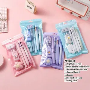 7 Piece Learning Cartoon Stationery Set, Beautiful Pencils Erasers Correction Tape Ballpoint Pens School Office Writing Supplies Gift, Student Essentials