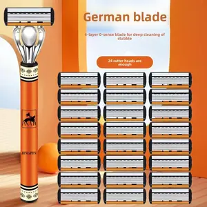 1 Handle + 6 Blades / 1 Handle + 12 Blades / 1 Handle + 24 Blades - 6-Layer "Desert Knight" Men's Manual Razor with Orange Print Handle & Stainless Steel Blades Shaving Razors Manual Shaver