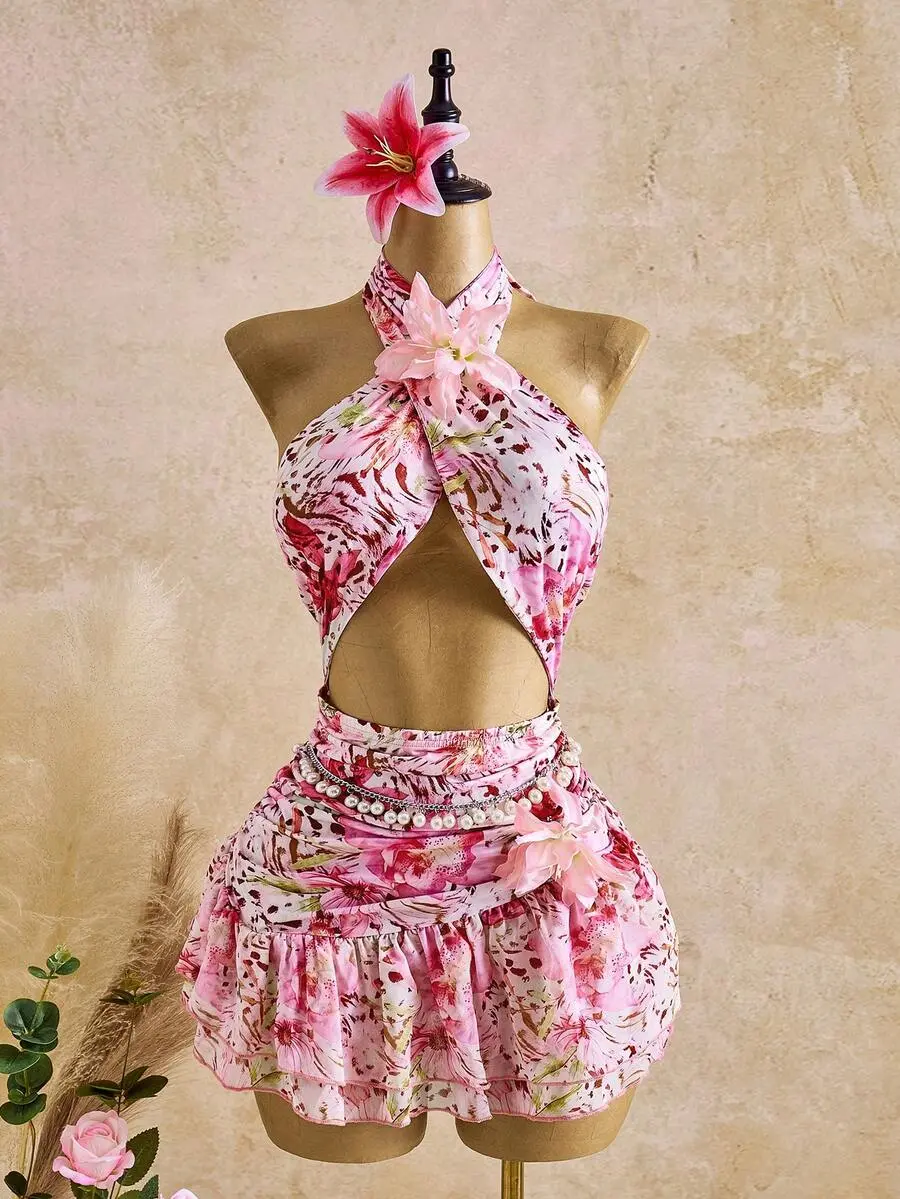 Women's Blush Pink Summer Boho Beach Holiday Holiday Elegant Sleeveless Printed Halter Mini Dress,Floral Y2k Vacation Resort Wear Outfits