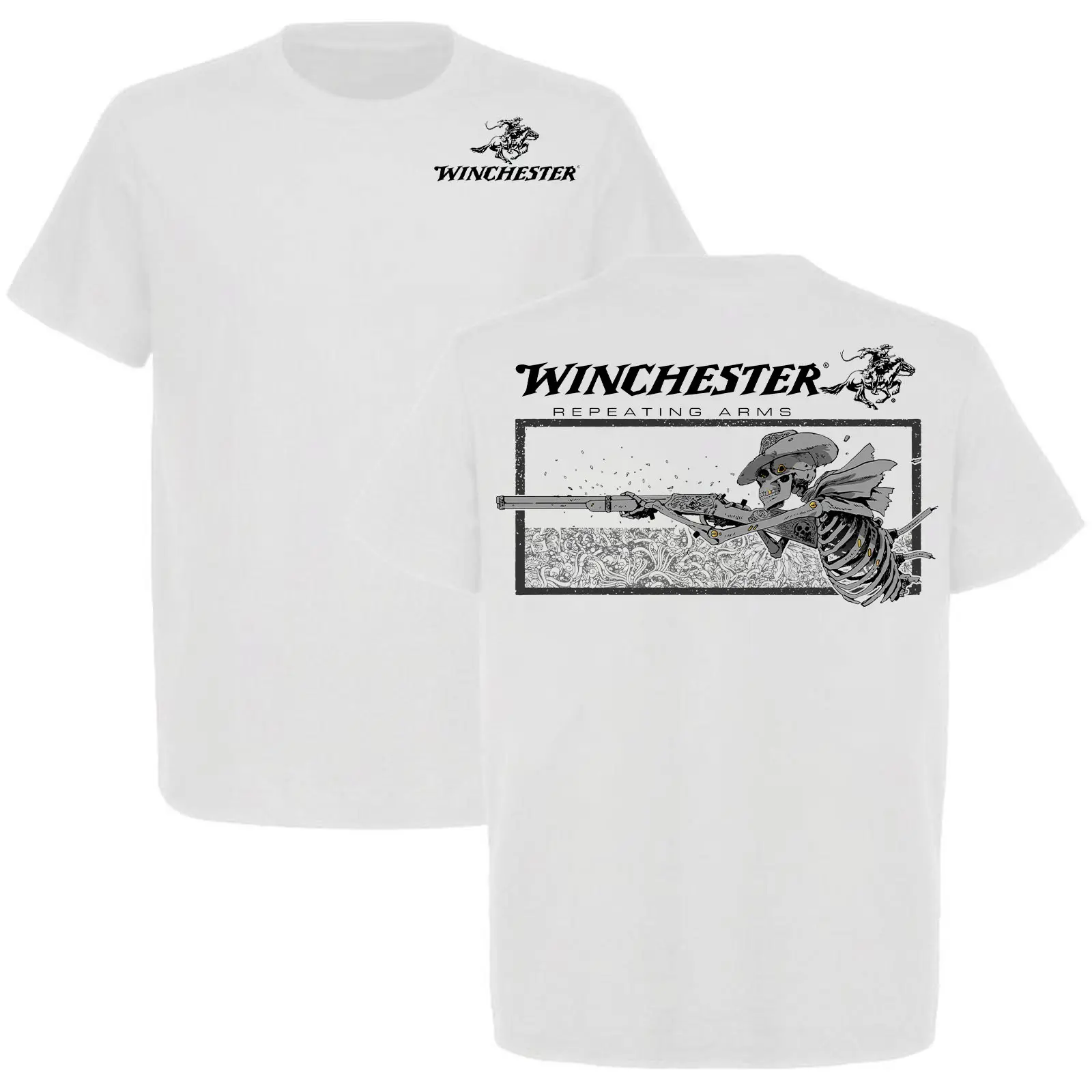 Winchester Deadshot Cowboy 2-Sided Short-Sleeve Round Neck Casual T-Shirt - USA-Made Tactical Gear for Outdoor Hunting, Cold Wash, Do Not Dry Clean Sports Top, Menswear, Shortsleeve, Tshirt, Unisex Fit, Pure Cotton, Two-Sided