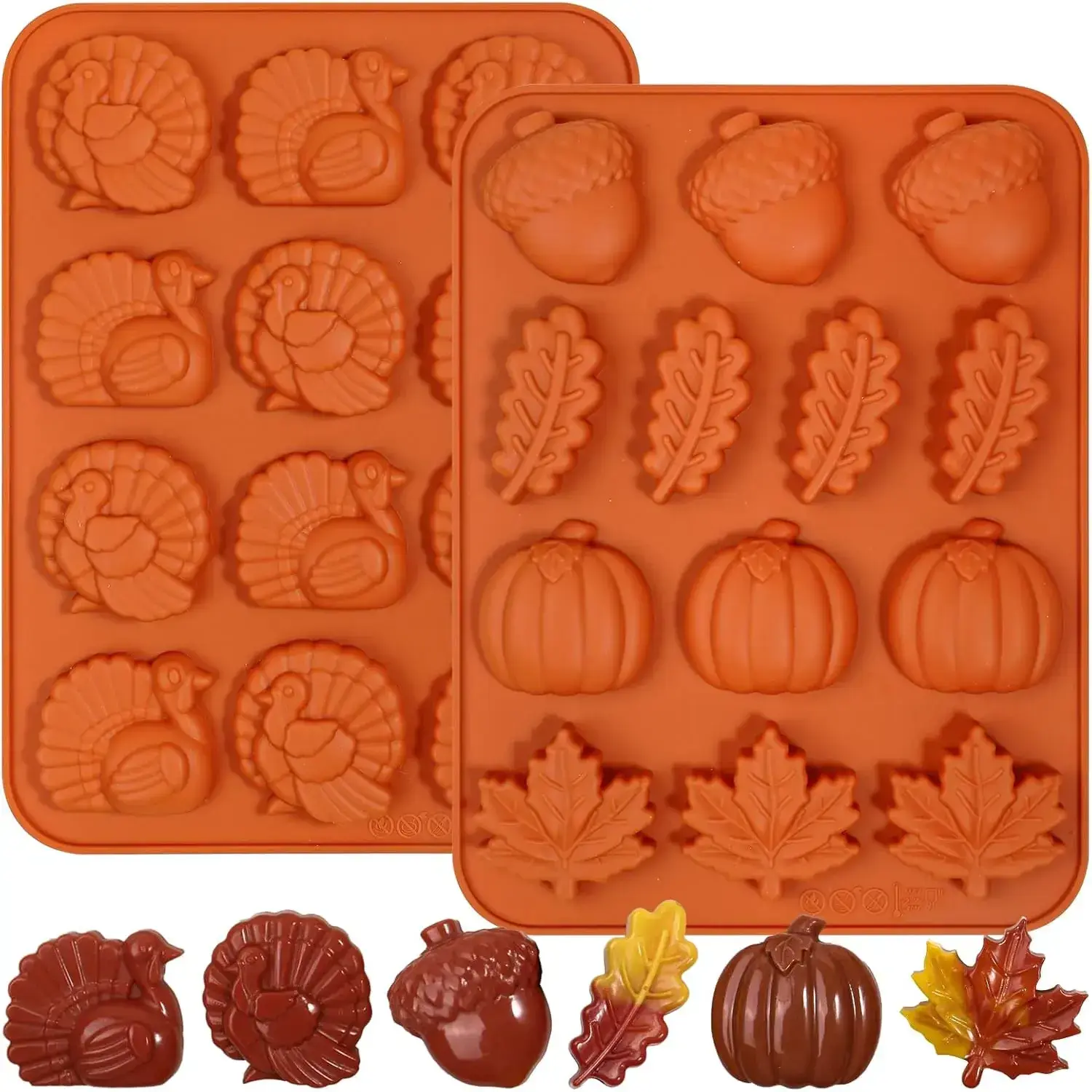 2-Pack Food Grade Soft Flexible Silicone Baking Molds (8.1" x 5.9") - Turkey, Pumpkin, Fall Leaf, Acorn Shapes, -40°C to +230°C Heat Resistant, Compatible with Ovens, Freezers, Microwaves, Ideal for Thanksgiving Candy Decorations, Cupcake Toppings, Compat