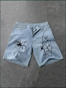 Men's Spider Web Print Denim Shorts, Y2K Gothic Street Style, Hip Hop Casual Loose Fit, Summer Daily Wear, Graphic Pattern, Streetwear Bottom