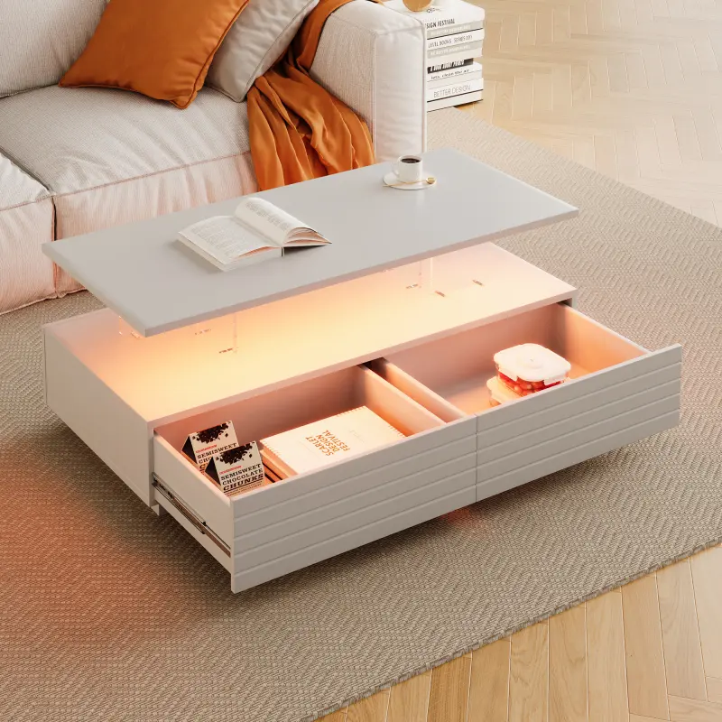 [SOIYELIFE] Modern White Rectangular LED Coffee Table with 2 Drawers, 47.2" Stylish Living Room Center Table with Music Sync Lighting, Anti-Scratch & Waterproof Surface