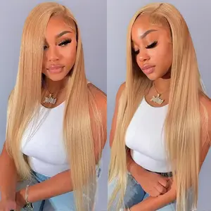 Women's 180% Density Blend Human Hair Wig, #27 Honey Blonde Straight 26in 13X6 HD Lace Frontal, Pre-Plucked Middle Part, Natural Hairline, Lace Front Compatible