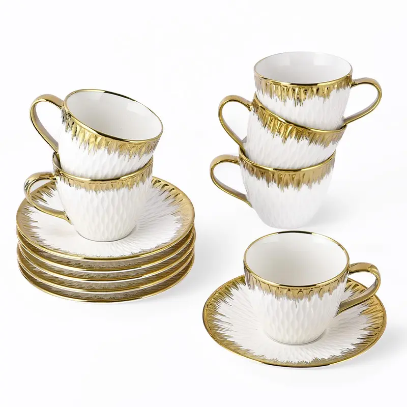 Cups and Saucers with Golden Trim, Golden Accents, Set of 6 Tea Cups for Tea Parties, 220ml Ceramic Material Cup for Coffee, Cappuccino, Latte, Espresso, Elegant Ripple Design for Kitchen Decor, Gifts for Coffee Lovers, Stylish Drinkware