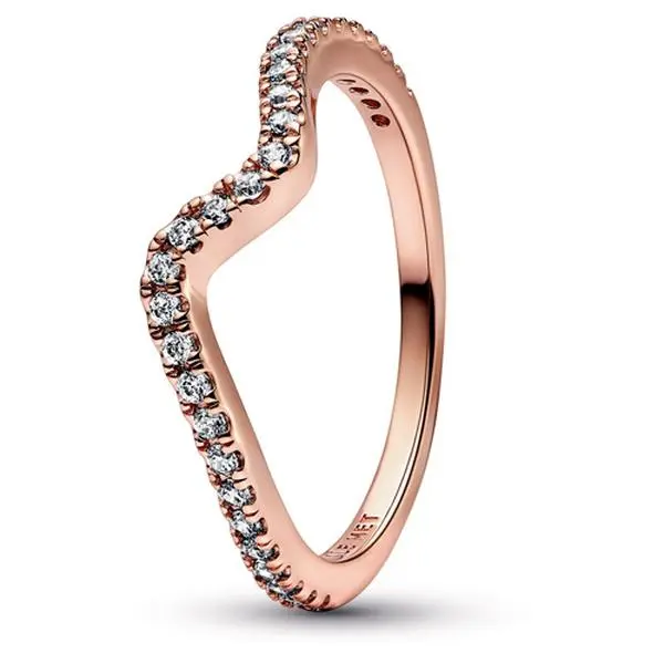 PANDORA Women's Sparkling Wave Stacking Ring, Hand-Finished 14 Karat Rose Gold Plated Jewelry with Cubic Zirconia, Female, Adults, Wave Silver Rings, Round Czs, Curves To Resemble Wave