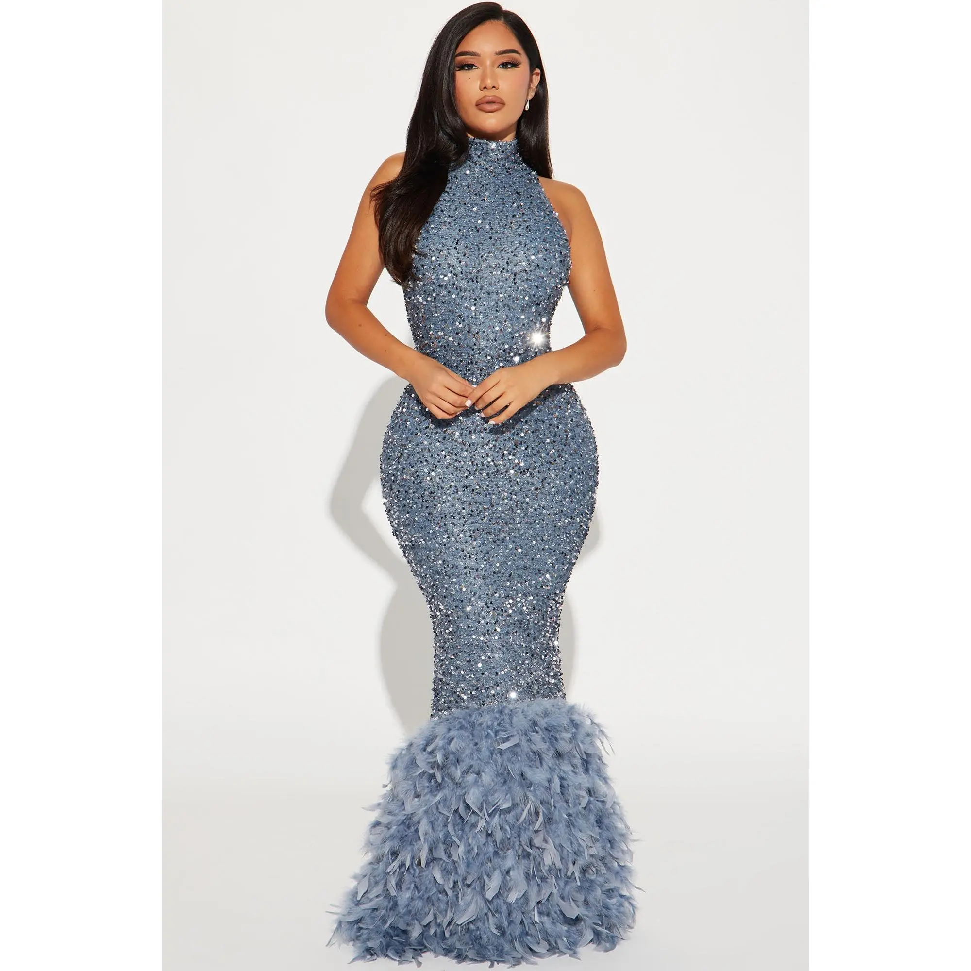 Zoey Feathered Sequin Gown - Grey