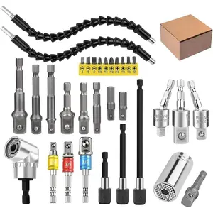 32 count Flexible Drill Bit Extension Set, Rotatable Joint Socket 1/4 3/8 1/2 Inch Hex Socket Adapter, 105Right Angle Drill Attachmen, Bendable Drill Bit Extension  Kit with a Box (Silvery)