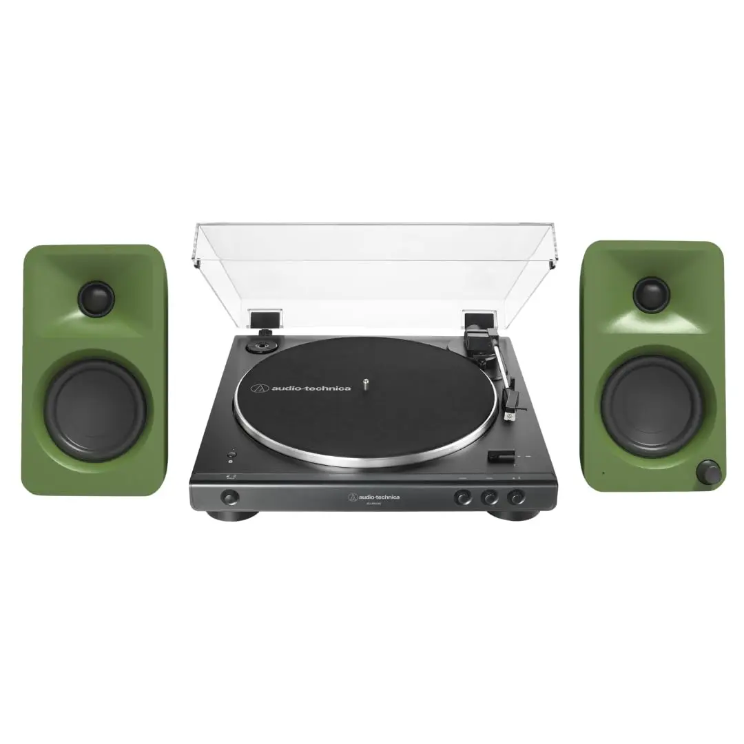 Kanto ORAME 100W Powered Reference Compact Stereo Desktop Computer Speakers (Moss) with Paper Cone, Tweeter & 60XBT-BK Fully Automatic Belt-Drive Bluetooth Vinyl Turntable Bundle, USB Type-C, Built-In Amplifiers, Detailed Mids for Music Setup