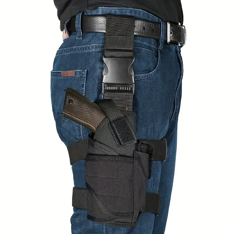 Right Side Adjustable Tactical Thigh Gun Holster - 600D Polyester, Quick Draw Design, Magazine Pouch, Classic Black, Tactical Equipment, Hunting Use