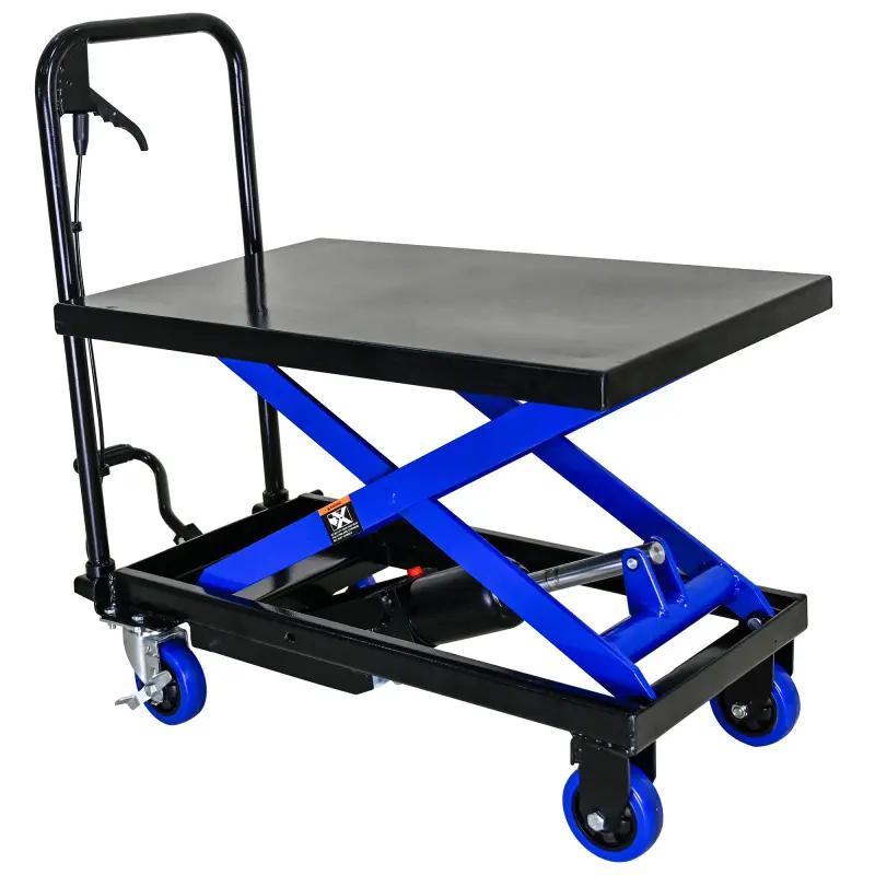 Folding Lifting Hydraulic Lift Trolley, 500 LBS Capacity, with 4 Wheels, for Material Handling and Transportation, BLACK+BLUE Workshop Platform