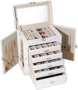 Box For women, 6 Layer Large  Organizer With Mirror, Multi-Function Storage Box With Lock, Accessory Holder With 5 Drawers, For Earrings Necklace Ring Bracelet (White)