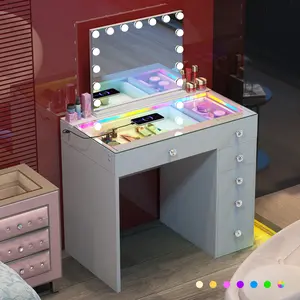 VANITII GLOBAL Makeup Vanities With 6 Drawers RGB Lights With 14 LED Bulbs Bluetooth Mirror White/Pink/Black