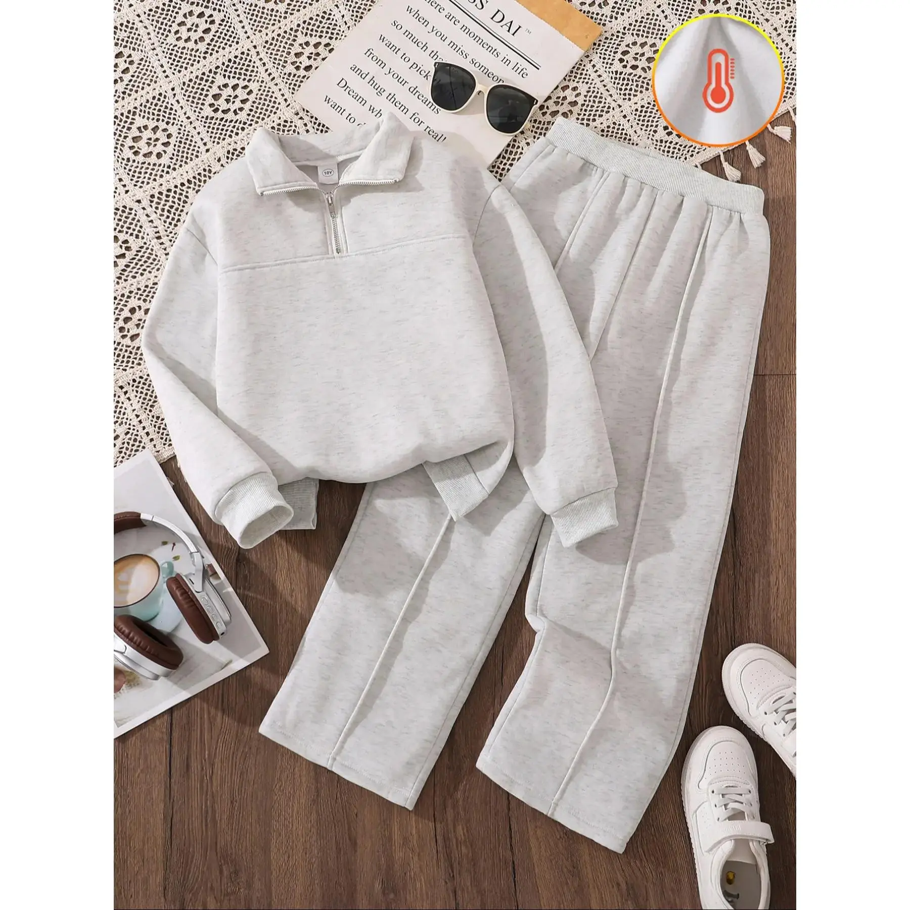 Girls' Fitted Fleece Tracksuit, 2-Piece Plain Long Sleeve Set with Zip-Up Sweatshirt and Pants, Kids Basic Fashion Apparel, Clothes, Two-Piece
