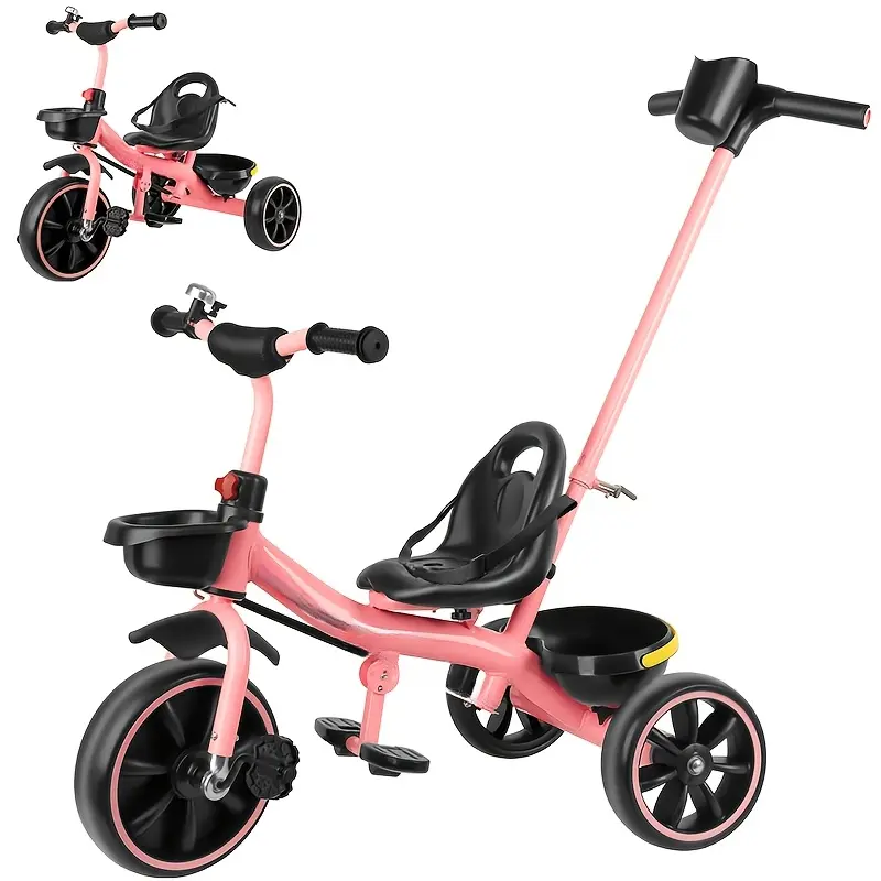 Pink Toddler Trike Tricycle for 3-Year-Olds – Baby Travel Gear with Parent Push Handle, Backrest Seat, Safety Belt, Adjustable Stroller-Infant Car Seat Adapter, Day Bag with Changing Pad (Black Friday Gift)