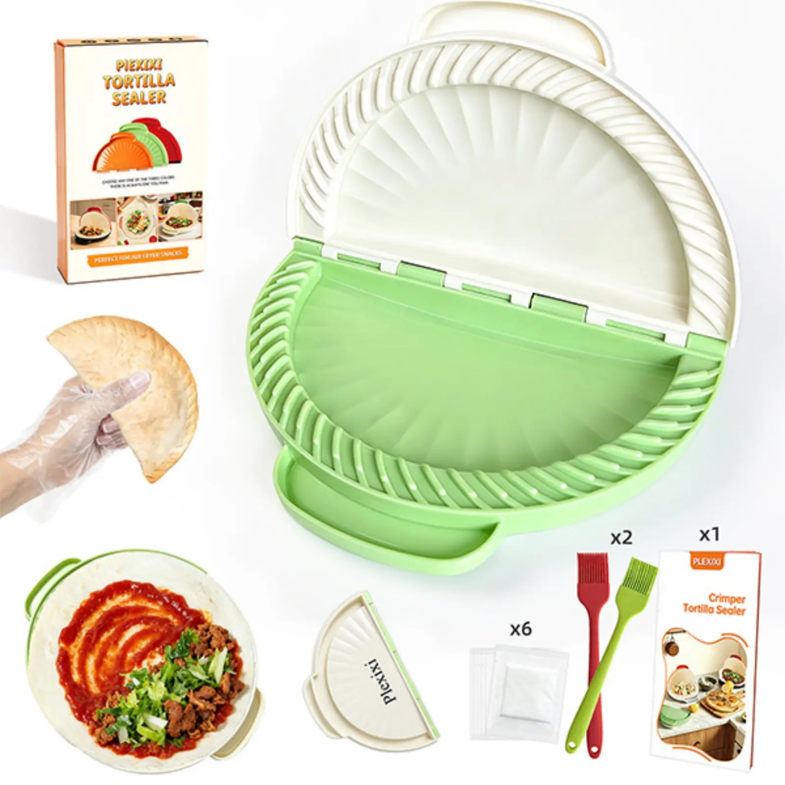 Crimper Tortilla Sealer,For 10 inch Flour Tortillas Crimper for Quick Quesadilla Crimper Taco Sealer Press, Easy Crimper ToolInclude 2*Brush,6*Disposable Gloves and instructions (Green and white)