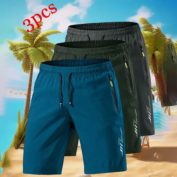 Men's 3-Pack Quick Dry Beach Shorts - Synthetics, Drawstring, Pockets, Summer Breathable Casual Beach-Sport Ready Bottoms