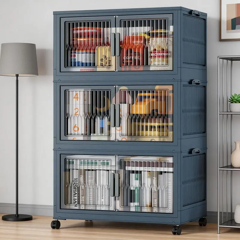 No Assembly Movable Storage Cabinet Large Capacity Universal Wheel Transparent Visible Door Stackable Combine Home Toy Snack Sundries Sorting Storage Box