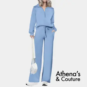 Women's Casual 2-Piece Sweatsuit Set - Half Zip Pullover Sweatshirt & Wide Leg Pants with Drawstring - Matching Tops & Sweatpants for Comfort
