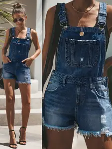 Women's Denim Overall Shorts, Summer Casual Loose-Fit Sleeveless Design, Natural Waistline, Solid Pattern, O-Type Silhouette